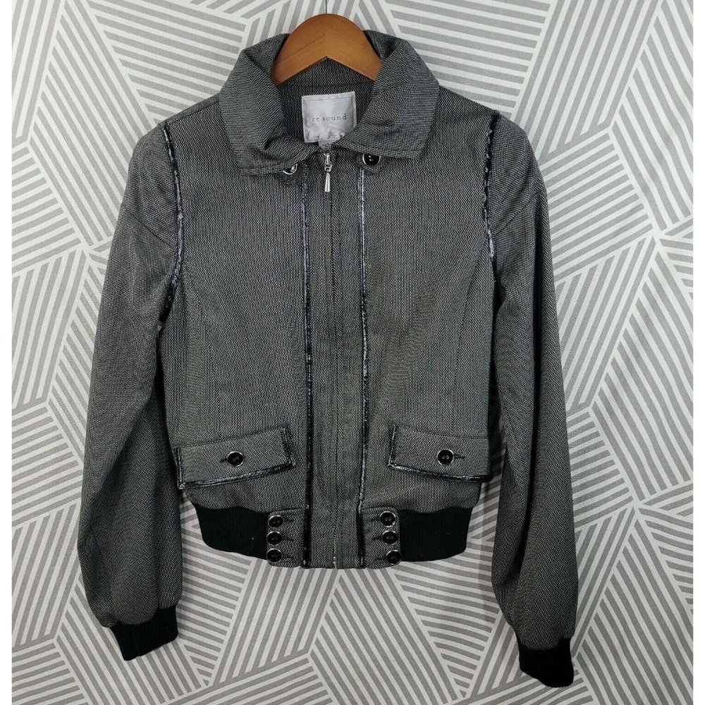 Resound size 8 Tweed Faux Leather Trim Zip Moto Jacket Coat Cosplay Black Grey